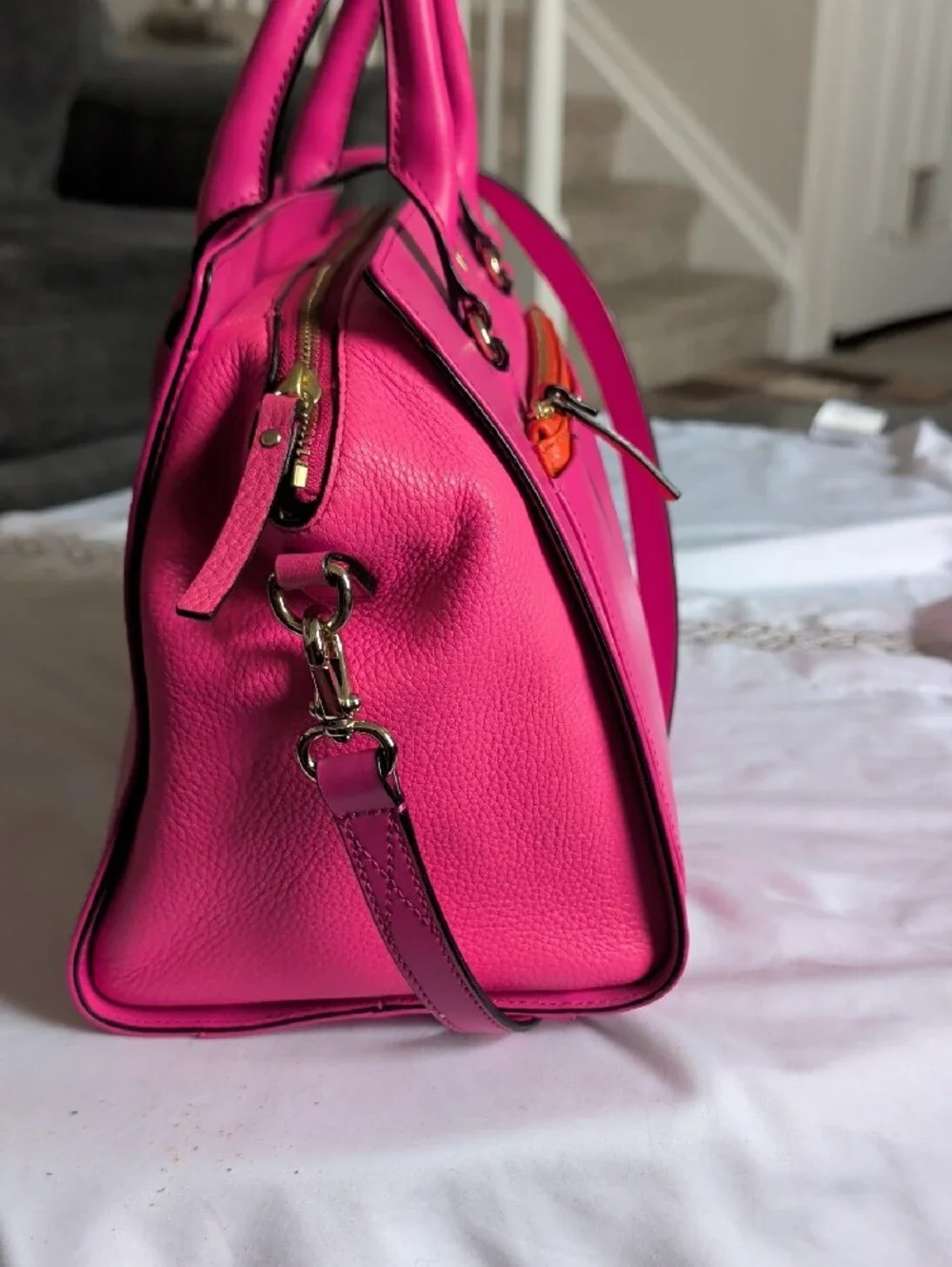 kate spade Hot Pink Leather Satchel with Orange Zip Accent